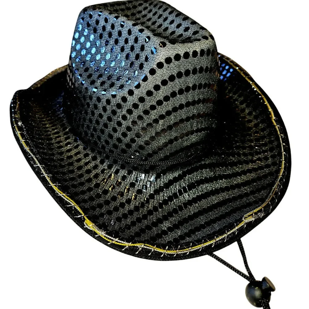 O/S Shiny Sequin Light Up Cowboy Black Hat Set/4
